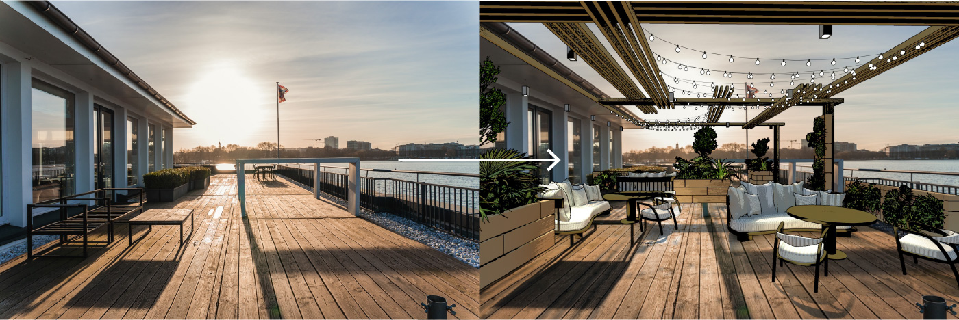 Alsterlounge - 3D-Visualisierung auf echtem Foto Terrasse Lounge Alsterlounge - 3D-Visualisierung auf echtem Foto Terrasse Lounge