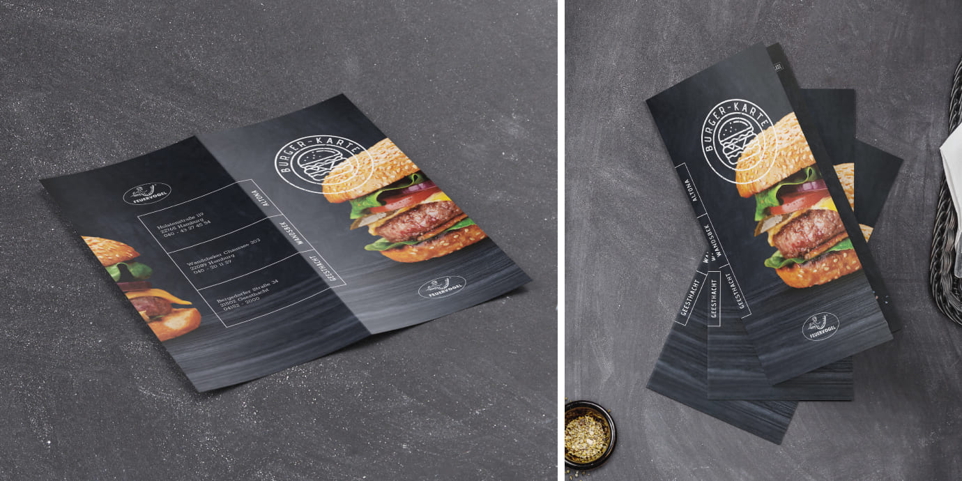 Feuervogel - Corporate Design - Menükarte, Burgerkarte. Menü Mockup Feuervogel - Corporate Design - Menükarte, Burgerkarte. Menü Mockup