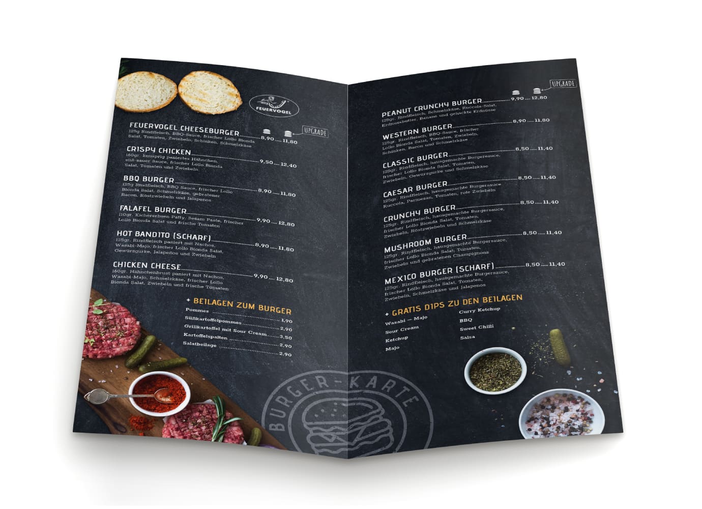 Feuervogel - Corporate Design - Menükarte, Burgerkarte. Menü Mockup Feuervogel - Corporate Design - Menükarte, Burgerkarte. Menü Mockup