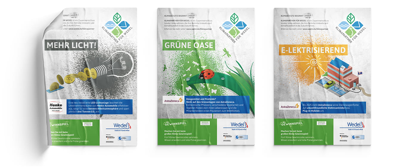 Klimapartner Wedel - Werbekampagne drei Motive auf Plakaten - Nachhaltige Energie, Stromsparen, Natur, Naturschütz Klimapartner Wedel - Werbekampagne drei Motive auf Plakaten - Nachhaltige Energie, Stromsparen, Natur, Naturschütz